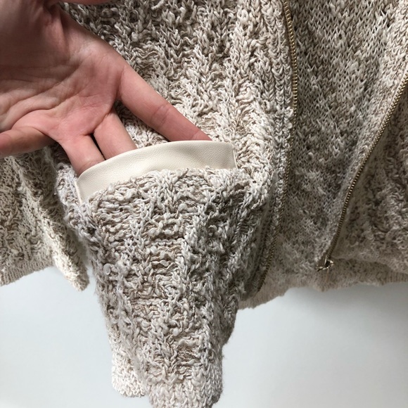 Ann Taylor Cream Knit Zip Up Sweater Jacket with Leather Details - Picture 5 of 6